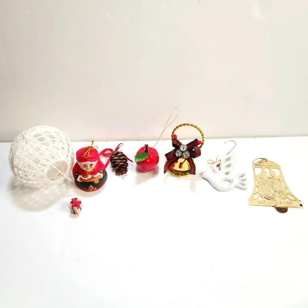 Bundle lot of 7 Vintage Christmas Tree Ornaments Mrs Clause Apple Pine Cone
